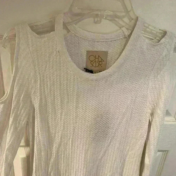 Chaser Womens cold shoulder long sleeve thin waffle print white casual NEW top - Picture 12 of 13